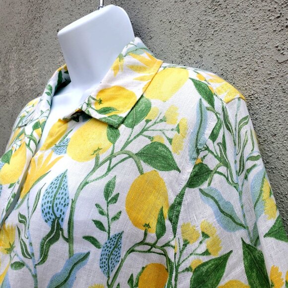Martha Stewart 100% Linen Lemon Print Collared Blouse Long Sleeve L XL - Picture 7 of 8